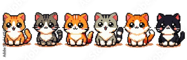 Fototapeta A row of adorable, pixelated cartoon cats in various colors, sitting.