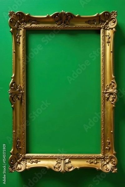 Fototapeta Ornate gold picture frame, green background, blank space, message, mockup, display