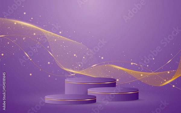 Fototapeta Multi-tiered purple podium with elegant gold wave lines on the back for advertisement display. Display of cosmetic products. Stage or podium. vector illustration	