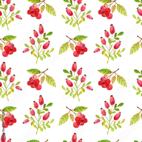 Fototapeta Seamless pattern with watercolor autumn leaves and berries on a white background. Hand drawn illustration for your design, print, textile