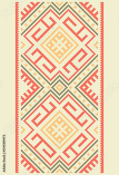Fototapeta Hutsul Ornament. Bold geometry, rhythmic symmetry, and rich symbolism. Typical motifs include diamonds, crosses, stars, zigzags, solar signs, and modular linework. 