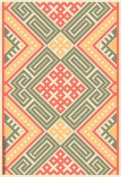 Fototapeta Hutsul Ornament. Bold geometry, rhythmic symmetry, and rich symbolism. Typical motifs include diamonds, crosses, stars, zigzags, solar signs, and modular linework. 