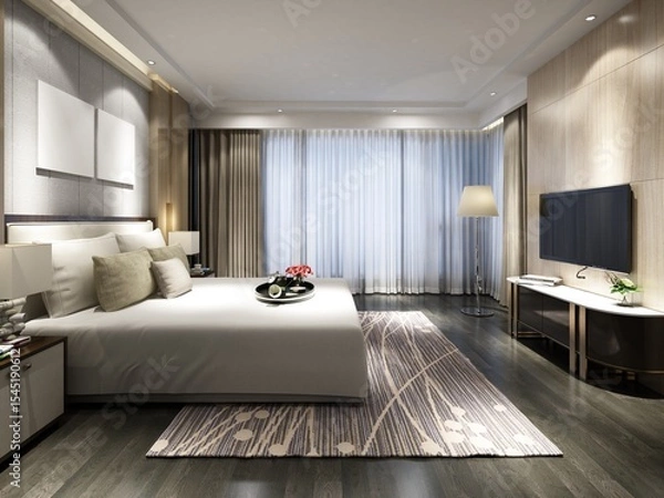 Fototapeta Mock up of a spacious bedroom with a stylish comfortable bed and an exclusive decorative background, 3D rendering.