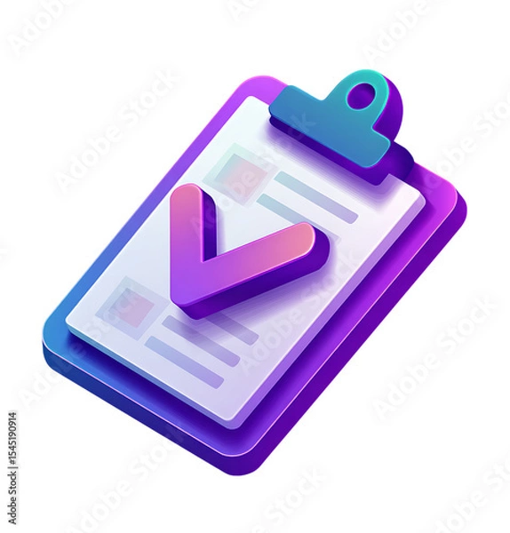 Fototapeta 3D icon of a checkmark on a clipboard, against a white background with a purple and blue color scheme.