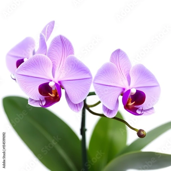 Fototapeta  Soft Lavender Phalaenopsis Orchids with Bud and Green Leaves with white background