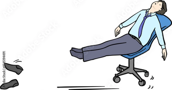Fototapeta 脱力状態で椅子を滑らせるやる気のない靴も置き去りのスーツ男性イラスト