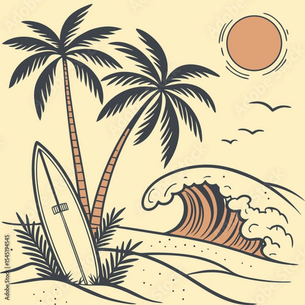 Fototapeta Surfboard leaning against palm trees on beach with ocean wave