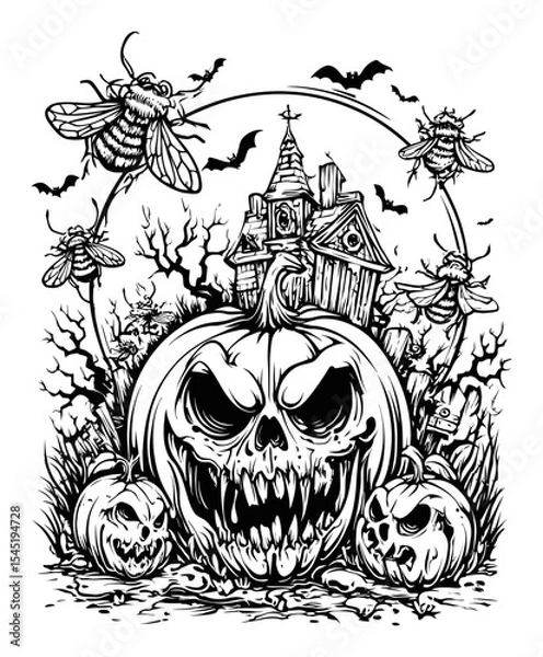 Obraz Dark and Creepy Hand-Drawn Pumpkin With Haunted House and Bats
