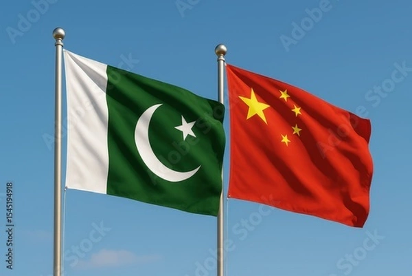 Fototapeta National flags of Pakistan and China waving side by side against a bright blue sky, symbolizing diplomatic and bilateral relations.