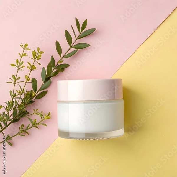 Obraz Pink and yellow background with cream jar and greenery