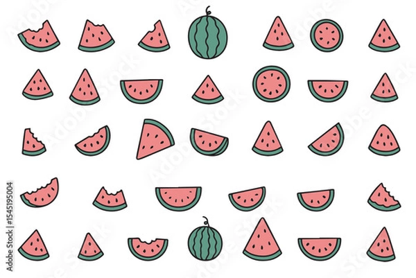 Fototapeta Juicy watermelon slices in doodle style. Decorative bright fruits for your textile design, t-shirts, banners, fabrics, backgrounds. Watermelon Day.