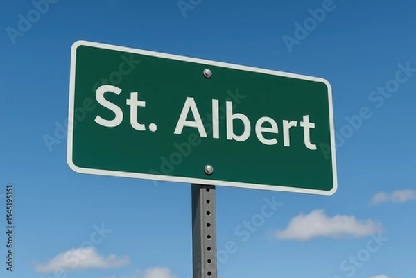 Fototapeta Green highway sign displaying "St. Albert" in white text, set against a clear blue sky with a few scattered clouds.