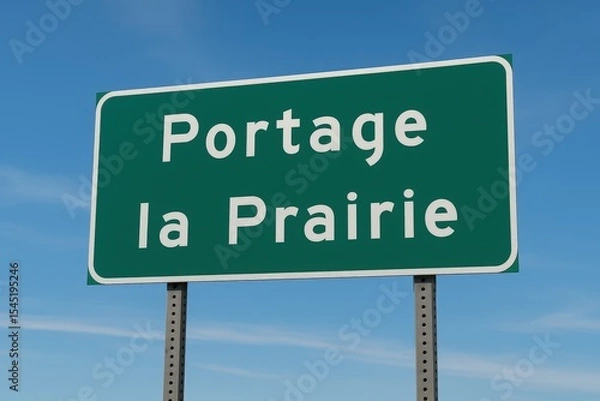 Fototapeta Green road sign reading "Portage la Prairie" in white text, standing under a blue sky with thin cloud streaks.