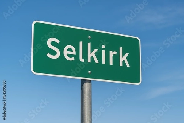 Fototapeta Green road sign displaying "Selkirk" in white letters, set against a bright blue sky with wispy clouds, indicating town entry.