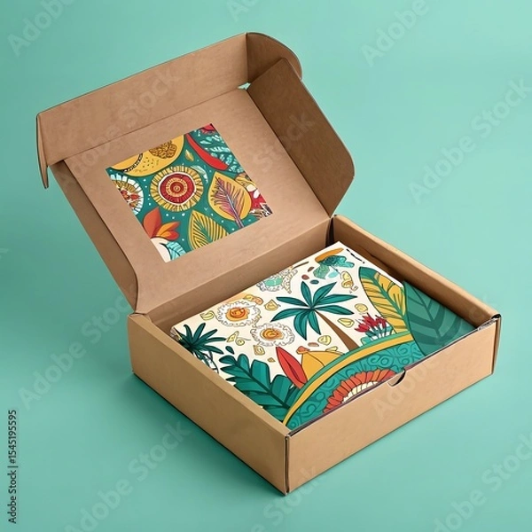 Obraz Open cardboard box with tropical patterned product