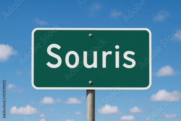 Fototapeta Green road sign displaying "Souris" under a clear blue sky with scattered clouds, indicating town entrance or travel route in PEI.