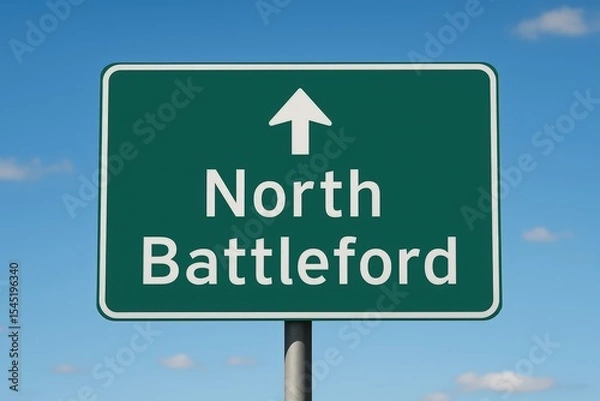 Fototapeta Green road sign with an arrow pointing toward North Battleford, set against a bright blue sky, symbolizing direction or travel route.