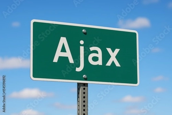 Fototapeta Green road sign showing "Ajax" against a clear blue sky with scattered clouds, indicating city entrance or travel direction.