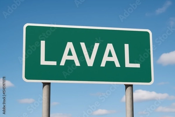 Fototapeta Green road sign displaying the name Laval under a bright blue sky with clouds, symbolizing city location or travel direction.