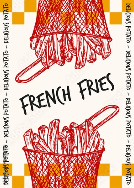 Obraz Potato french fries in a deep fryer poster design. Potato chips, fried slices outline drawing illustration in engraving style. Fast food hand drawn sketch vector clipart isolated
