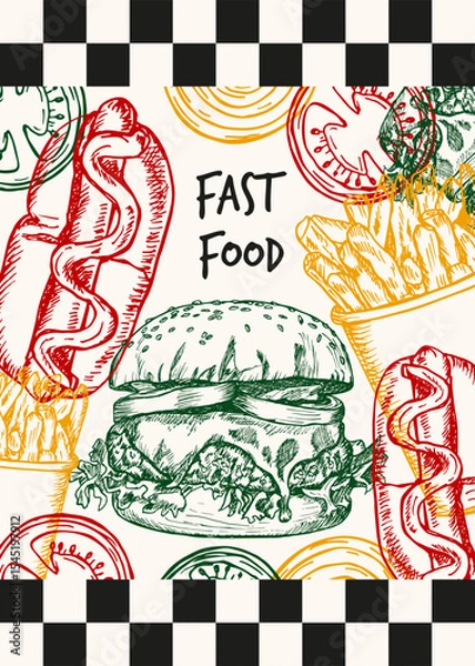 Obraz Fast food poster design with outline vector sketch illustrations and typography text. Hot dog, burger, french fries in engraving style, hand drawn clipart isolated