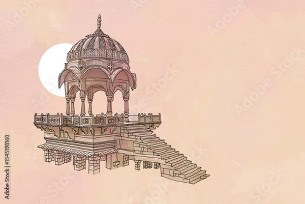 Obraz Ancient temple at Gadi Sagar (Gadisar) lake Jaisalmer Rajasthan, India at dawn.