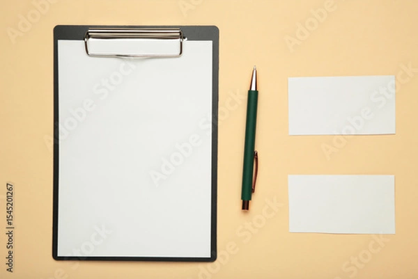 Obraz Clipboard with blank paper sheet mockup and stationery on beige background. Workspace for education.