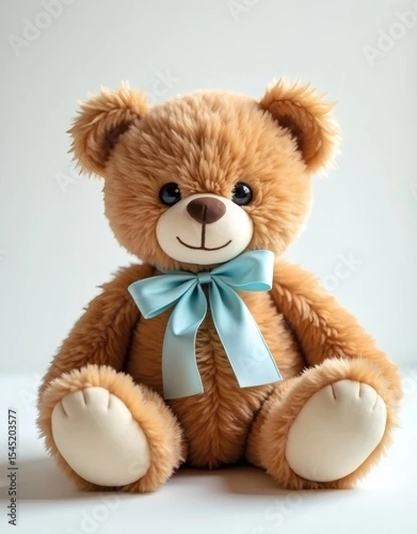 Obraz Isolated Teddy Bear Plush Toy Wearing Blue Ribbon on White Background