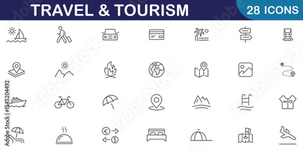 Fototapeta Travel and tourism icon set. Included icons as hotels, tourism, airplane, trip, beach, passport, summer vacations, etc. Travel and tourism linear icon set with editable stroke. Vector illustration.