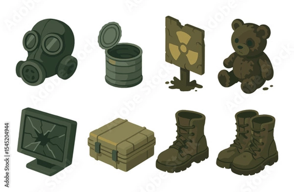Fototapeta Post apocalyptic icons set – 3d, survival and dystopian themed symbols