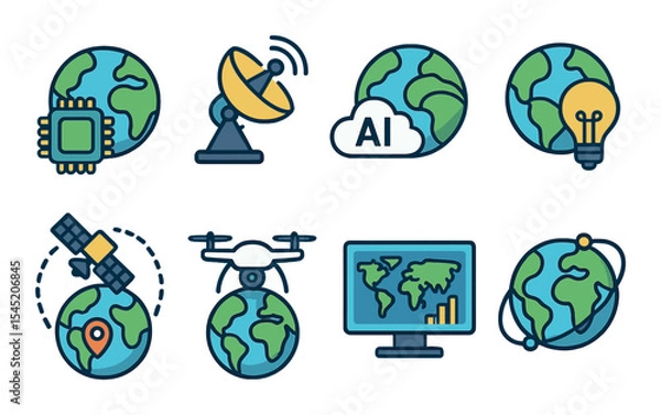 Fototapeta Earth and technology icons set - outline, global and tech themed symbols