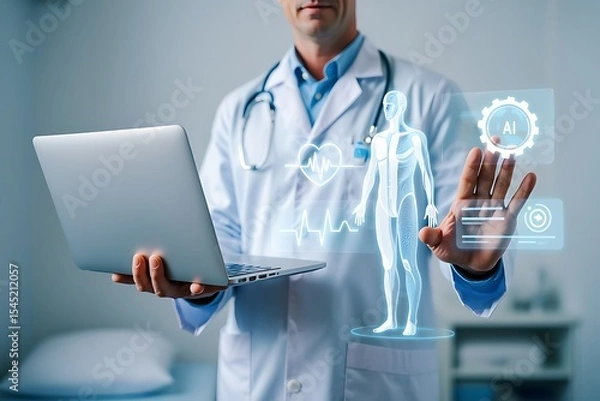Fototapeta Doctor using AI technology and laptop to analyze a 3D holographic human body model, showcasing medical innovation and digital healthcare.