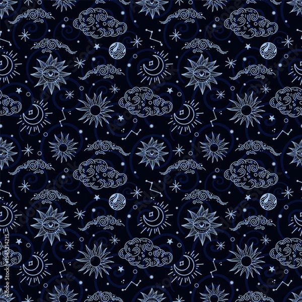 Fototapeta Seamless image of a magical, starry sky with a crescent moon. Packaging and fabric design.