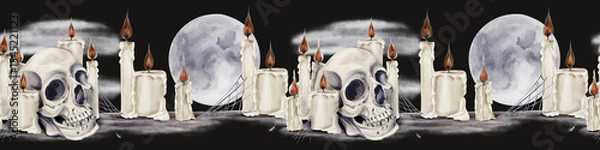 Obraz Seamless border with skulls and candles. Magic ritual. Full moon. Candles are intertwined with a web. Bugs are crawling on the ground. Watercolor illustration. Hand drawing.