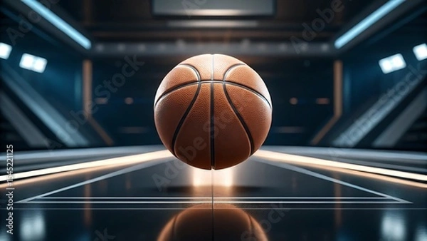 Fototapeta basketball background for ads concept A basketball hovers in a modern, illuminated arena setting.