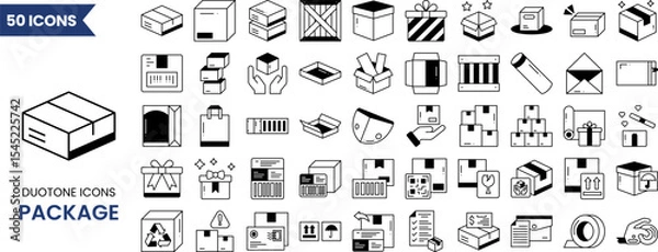 Fototapeta Package icon set in duotone style. Containing open and closed box, delivery box, container, storage, good packing, fragile, wrapped, offer, merchandise, surprise, and more. Vector illustration