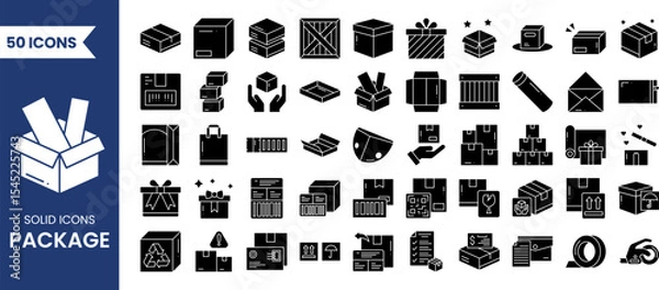Fototapeta Package icon set in solid style. Containing open and closed box, delivery box, container, storage, good packing, fragile, wrapped, offer, merchandise, surprise, and more. Vector illustration