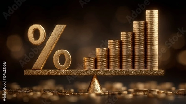 Obraz golden interest rate symbol balanced on scale with stacked coins symbolizing economic growth and financial stability in dark background