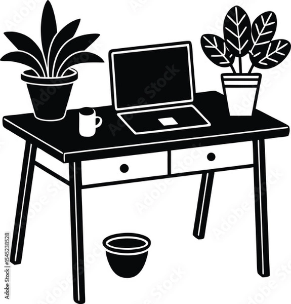 Fototapeta Remote work vector silhouette illustration Modular Workspace with Customizable Desk and Laptop