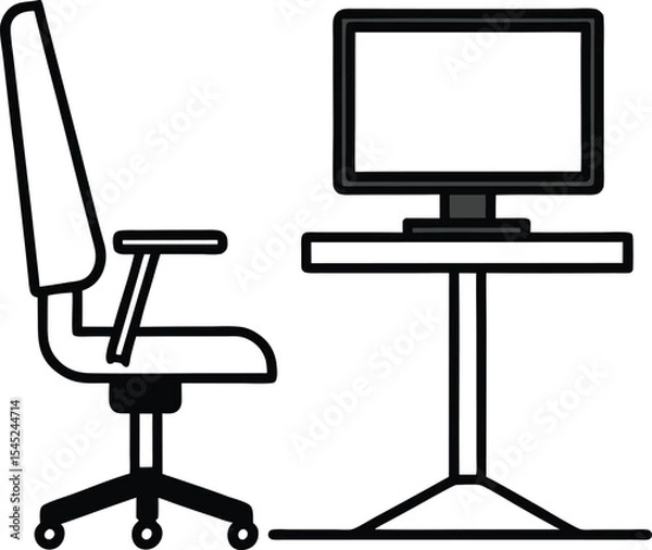 Fototapeta Remote work vector Line art illustration Ergonomic Desk Setup with Adjustable Chair and Monitor
