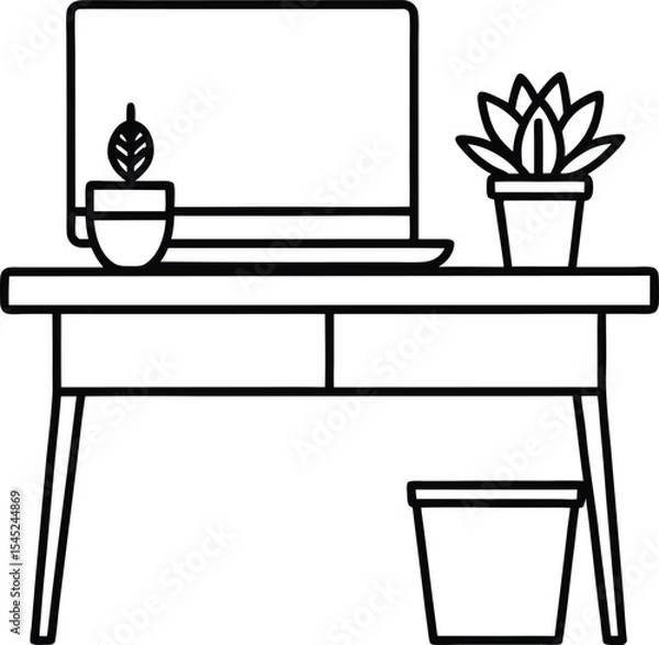Fototapeta Remote work vector Line art illustration Minimalist Desk with Laptop Notebook and Succulent