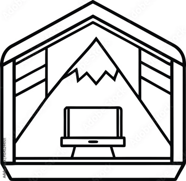 Fototapeta Remote work vector Line art illustration Mountain Retreat Workspace with Scenic Cabin View