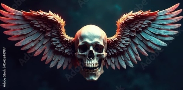 Obraz Intricate skull adorned with large, feathered angel wings , hell, life, bone