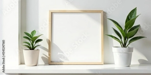 Obraz Simple picture frame on white shelf next to small potted plant, lifestyle, house