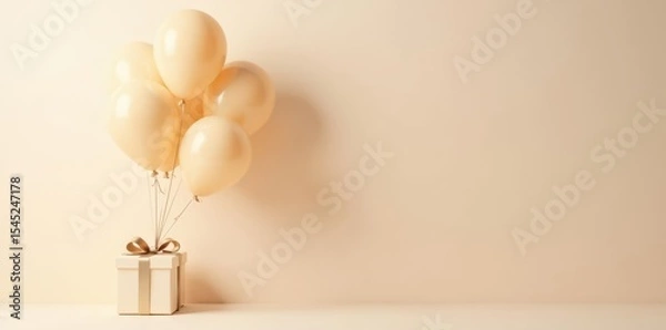 Obraz Cluster of beige balloons beside a tied gift; soft, light background, minimal, present