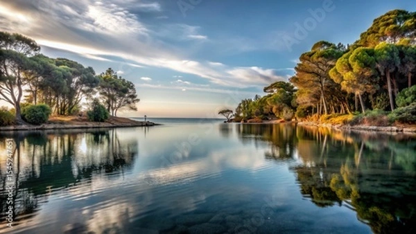 Fototapeta Serene lakeside view with reflections of trees and sky at sunset  