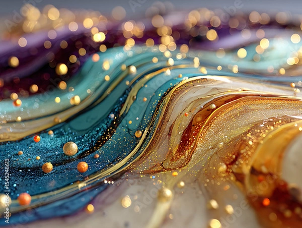 Obraz vibrant and abstract scene featuring flowing, translucent fabrics in shades of gold and brown, adorned with colorful, glowing spheres scattered throughout the space. The background is a gradient