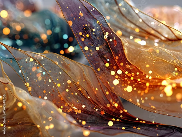 Fototapeta vibrant and abstract scene featuring flowing, translucent fabrics in shades of gold and brown, adorned with colorful, glowing spheres scattered throughout the space. The background is a gradient