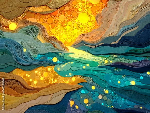 Obraz vibrant and abstract scene featuring flowing, translucent fabrics in shades of gold and brown, adorned with colorful, glowing spheres scattered throughout the space. The background is a gradient
