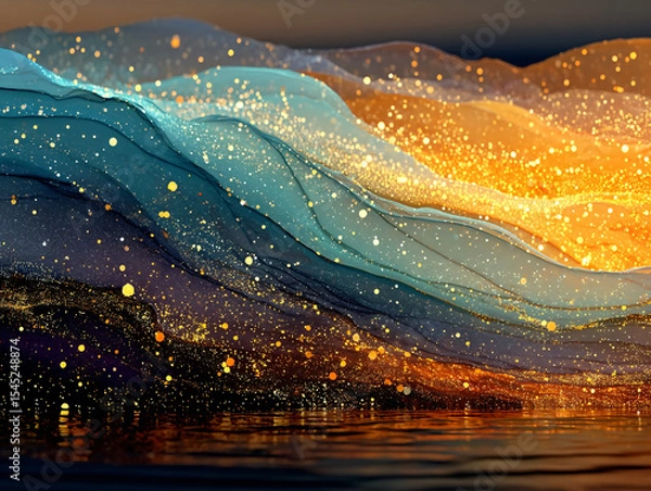 Obraz vibrant and abstract scene featuring flowing, translucent fabrics in shades of gold and brown, adorned with colorful, glowing spheres scattered throughout the space. The background is a gradient